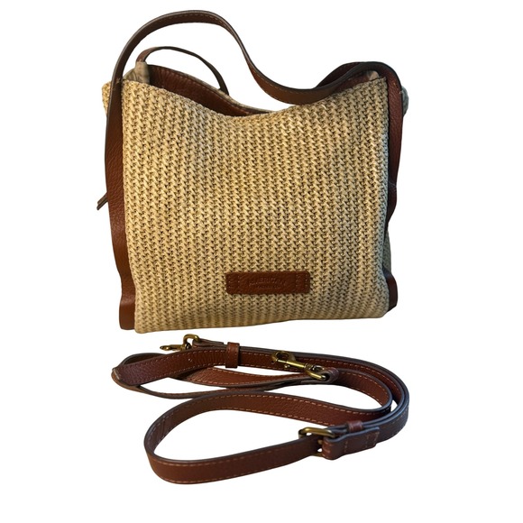 American Leather Co Handbags - American Leather Co Bag Tan Woven Straw Leather Trim Satchel Crossbody Handbag